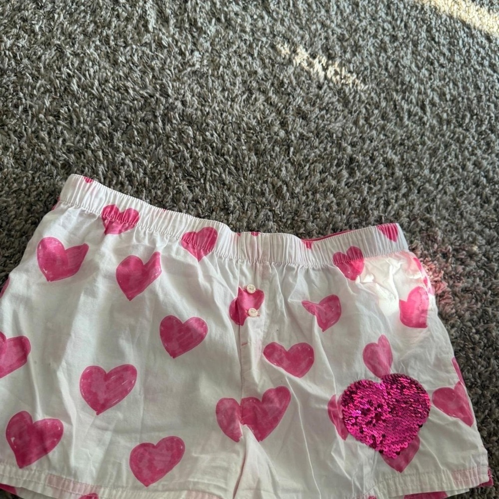 Victorias Secret PINK Pajama Shorts White Pink Heart Sequin Sleep Boxers XS
